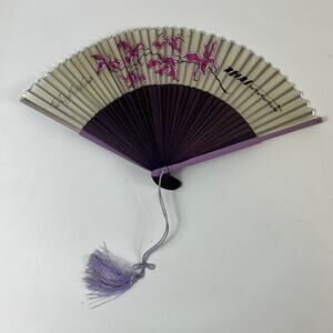 Vintage Folding Hand Fan Airlines Thai Thailand Purple Orchids Wood Tassel 60s